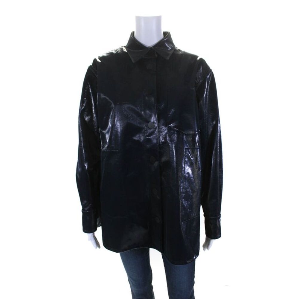 Lis Lareida Womens Button Front Collared Textured Jacket Navy Blue Wool Fr 36